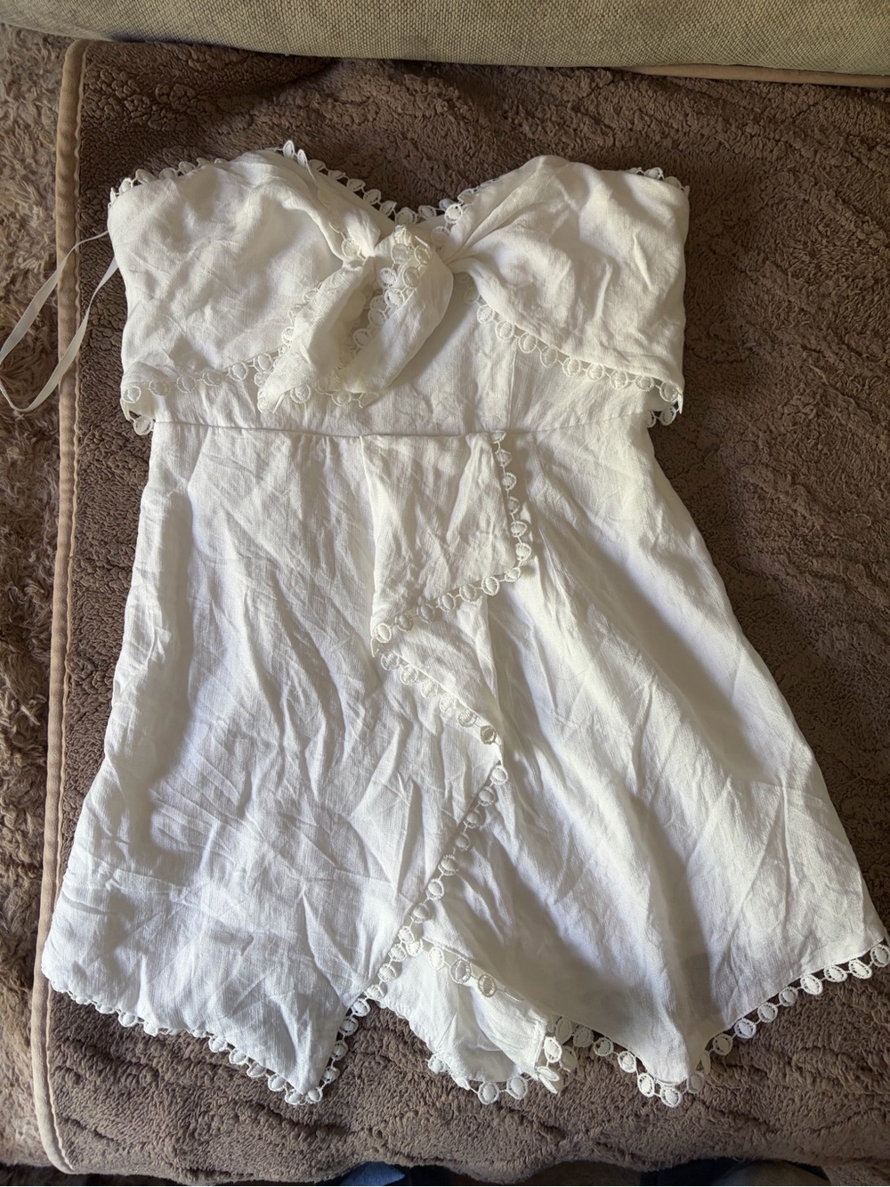 Strapless White Mini Dress with Lace-Trim Tie Front